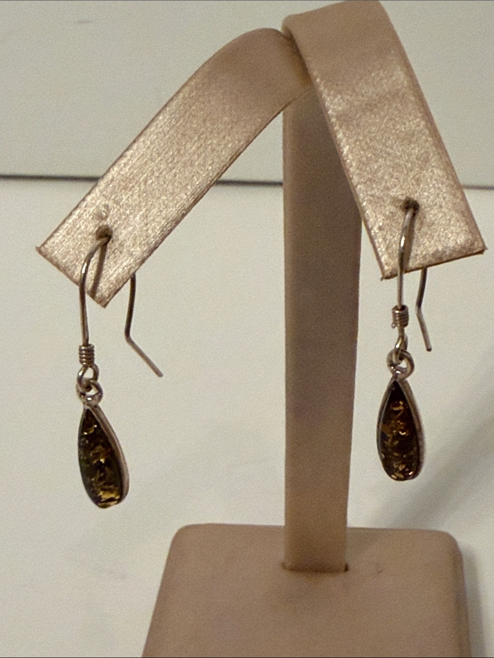 Women’s jewelry earrings 925 Sterling silver drop amber elongated pear wire drop